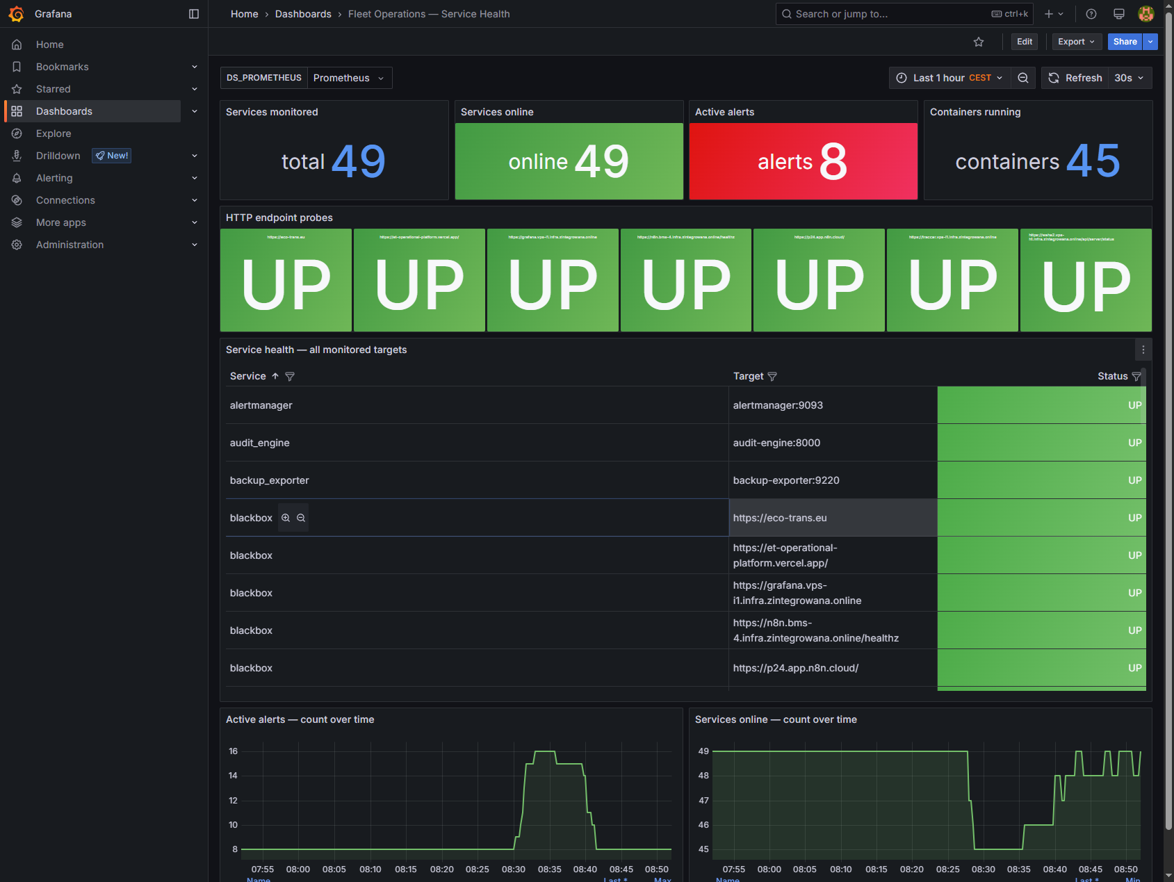Fleet Operations — Service Health dashboard: 49 services online, all HTTP probes UP, active alerts visible